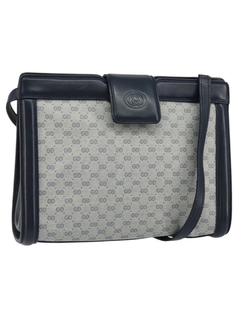 Authentic Gucci Micro Gg Supreme Shoulder Bag Pvc Navy Gold 004 113 0364